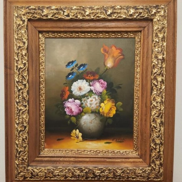 Framed Floral Oil on Canvas, Original Painting by P. Attali
